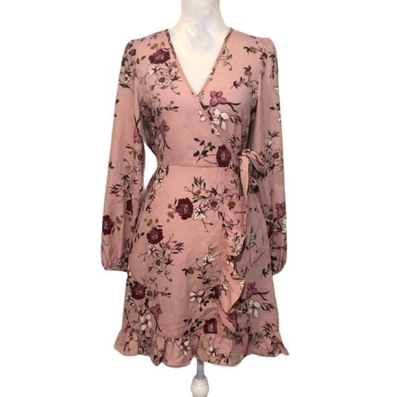NWOT Pink Floral Faux Wrap Long Sleeve Dress New - Picture 2 of 16